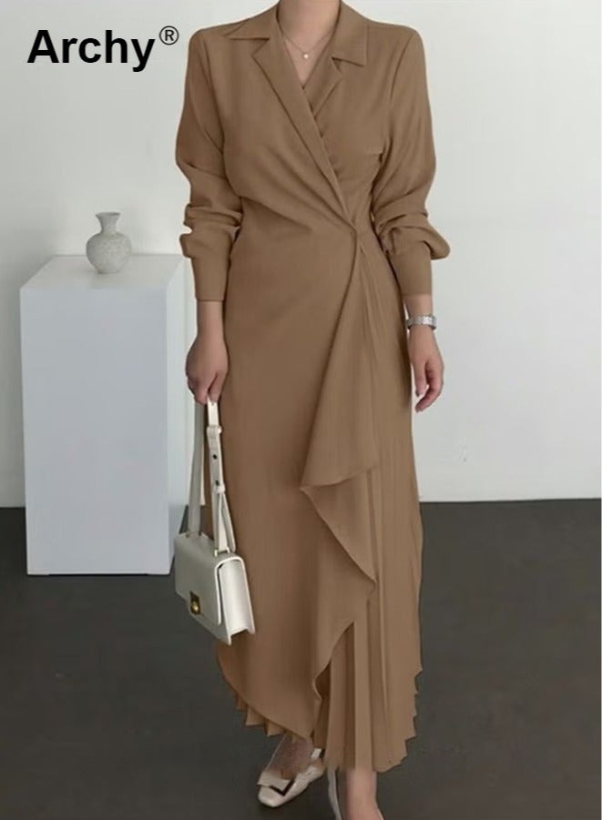 Archy Women Elegant Formal Long Sleeve Solid Color Belted Dress Casual Dress for Women - Image 4