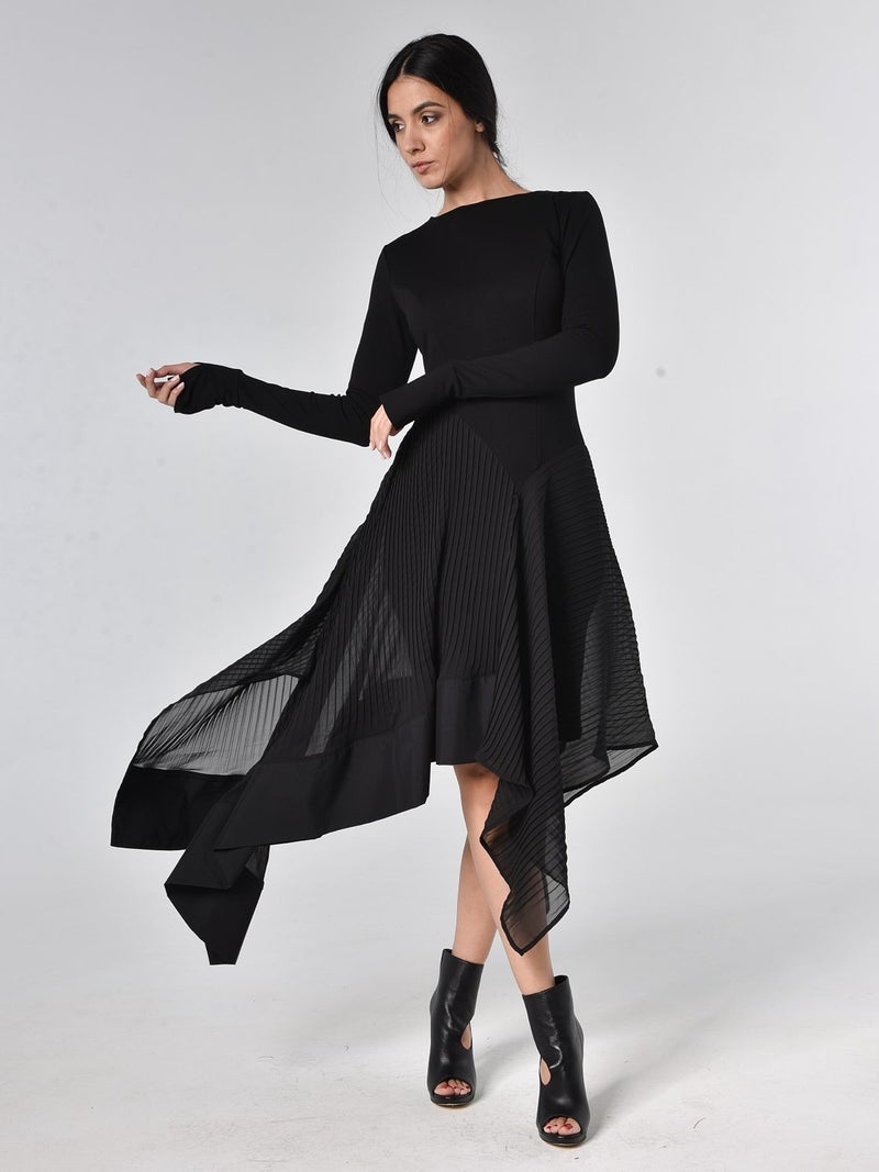 Metamorphoza Asymmetric Dress In Black With Pleated Chiffon Layer - Image 1