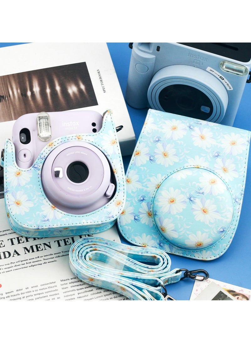 General Suitable for mini11 8 9 camera leather blue chrysanthemum protective case cross-body storage bag all-round protection  - Image 1