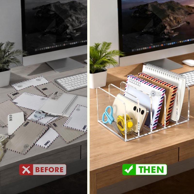 BEYGORM Acrylic Mail Holder, Clear Multifunction Desk Organizer with Divider, Vertical Letter Sorter for Desktop, 5 Compartments Modern Office Home Envelope Organizer for Folder, Document, Notebook - Image 4