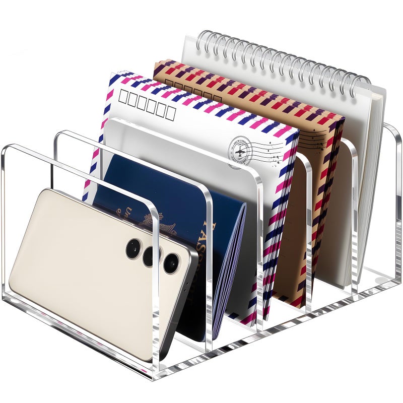 BEYGORM Acrylic Mail Holder, Clear Multifunction Desk Organizer with Divider, Vertical Letter Sorter for Desktop, 5 Compartments Modern Office Home Envelope Organizer for Folder, Document, Notebook - Image 1