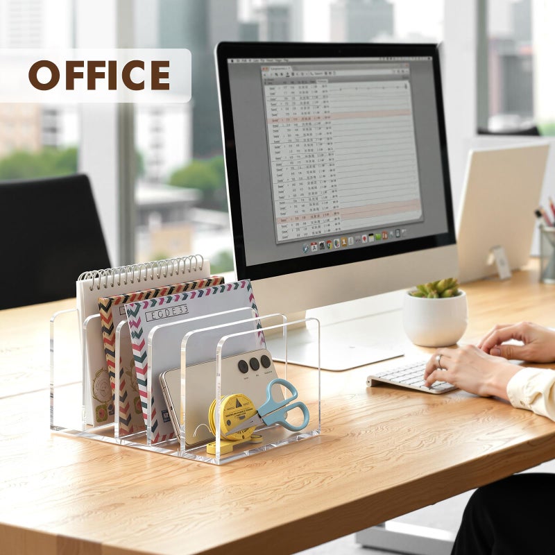 BEYGORM Acrylic Mail Holder, Clear Multifunction Desk Organizer with Divider, Vertical Letter Sorter for Desktop, 5 Compartments Modern Office Home Envelope Organizer for Folder, Document, Notebook - Image 5