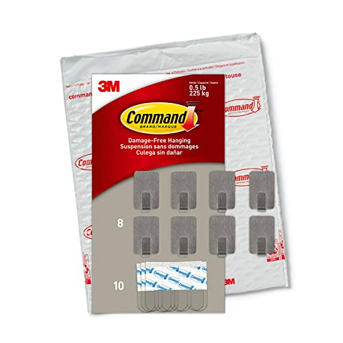 Command Small Stainless Steel Metal Hooks 8 Hooks, 10 Command Strips, Holds up to 0.5 lb, Removable Self Adhesive Hooks, Great for Wall Décor - Image 1