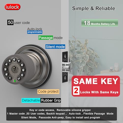 iulock Smart Door Knob with Keypad and Key,Keyless Entry Door Lock with Rubber Grip, Auto Lock,50 User Code,Waterproof, Easy to Install and Program for Bedroom(Stain Nickel Same Key 2 Pack) - Image 2