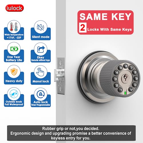 iulock Smart Door Knob with Keypad and Key,Keyless Entry Door Lock with Rubber Grip, Auto Lock,50 User Code,Waterproof, Easy to Install and Program for Bedroom(Stain Nickel Same Key 2 Pack) - Image 3