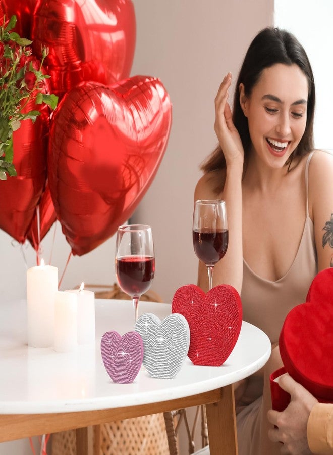 Queekay Set of 3 Rhinestone Valentine's Day Heart Wooden Sign Glitter Heart Shape Decorations Valentines Centerpiece Freestanding Love Table Decoration for Wedding Anniversary Party (Cute Style) - Image 5