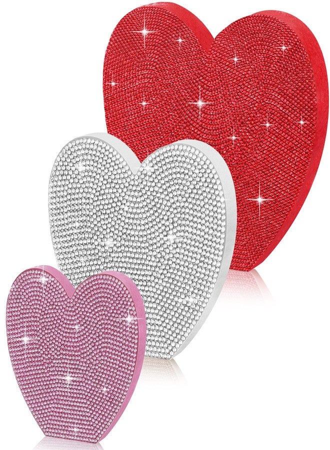 Queekay Set of 3 Rhinestone Valentine's Day Heart Wooden Sign Glitter Heart Shape Decorations Valentines Centerpiece Freestanding Love Table Decoration for Wedding Anniversary Party (Cute Style) - Image 1