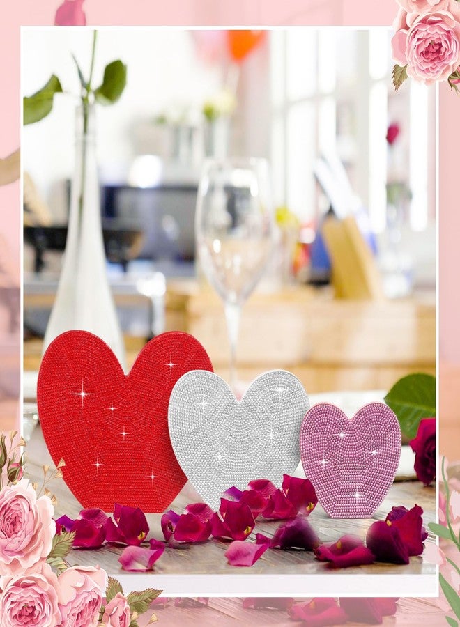Queekay Set of 3 Rhinestone Valentine's Day Heart Wooden Sign Glitter Heart Shape Decorations Valentines Centerpiece Freestanding Love Table Decoration for Wedding Anniversary Party (Cute Style) - Image 4