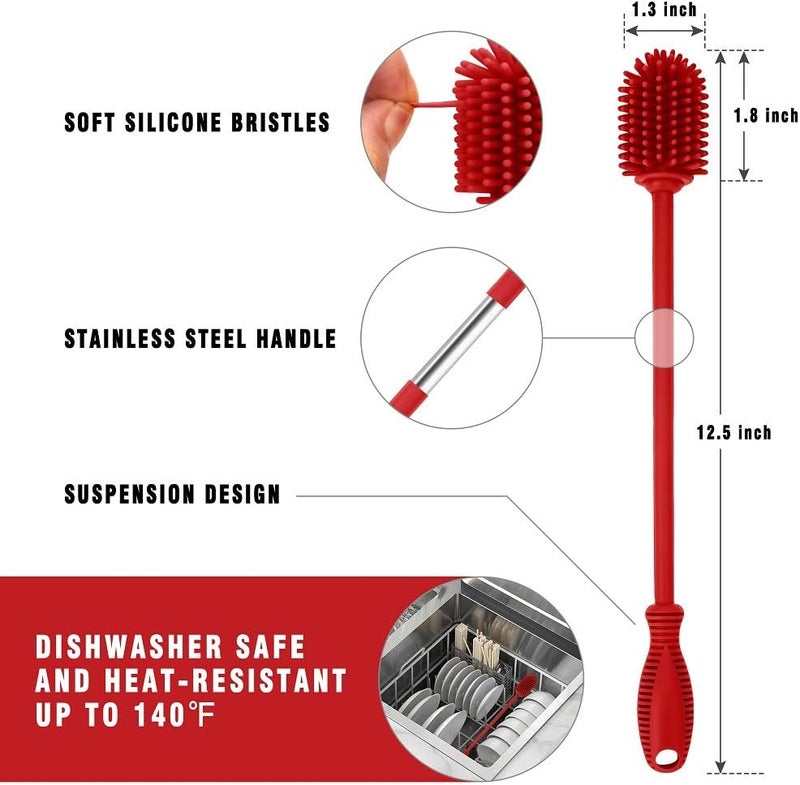 ddLUCK Silicone Bottle Cleaning Brush with Long Handle, BPA Free 12.5" Water Bottle Cleaner for Baby Bottles, Hydro Flask, Sports Bottle, Vase, Glassware, Perfect for Smaller Diameter Bottle Openings (Red) - Image 4
