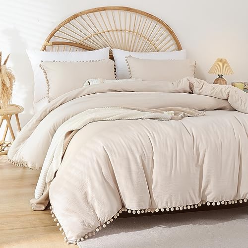 YIRDDEO Twin Comforter Set - Comforter Twin Size Bed with Ball Pom Fringe, Soft Bedding Set for All Seasons - 2 Pieces, 1 Comforter (66"x90") & 1 Pillow Sham(20"x26"), Beige - Image 1