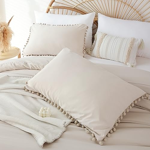 YIRDDEO Twin Comforter Set - Comforter Twin Size Bed with Ball Pom Fringe, Soft Bedding Set for All Seasons - 2 Pieces, 1 Comforter (66"x90") & 1 Pillow Sham(20"x26"), Beige - Image 5