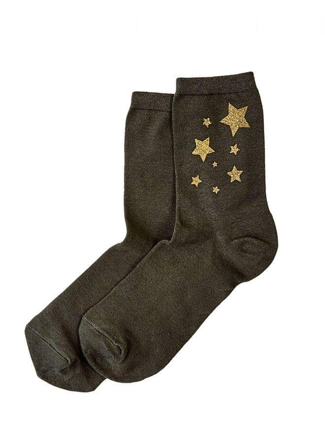 HUE Women's Metallic Star Shortie Crew Socks. U20216 Dark Green 9-11