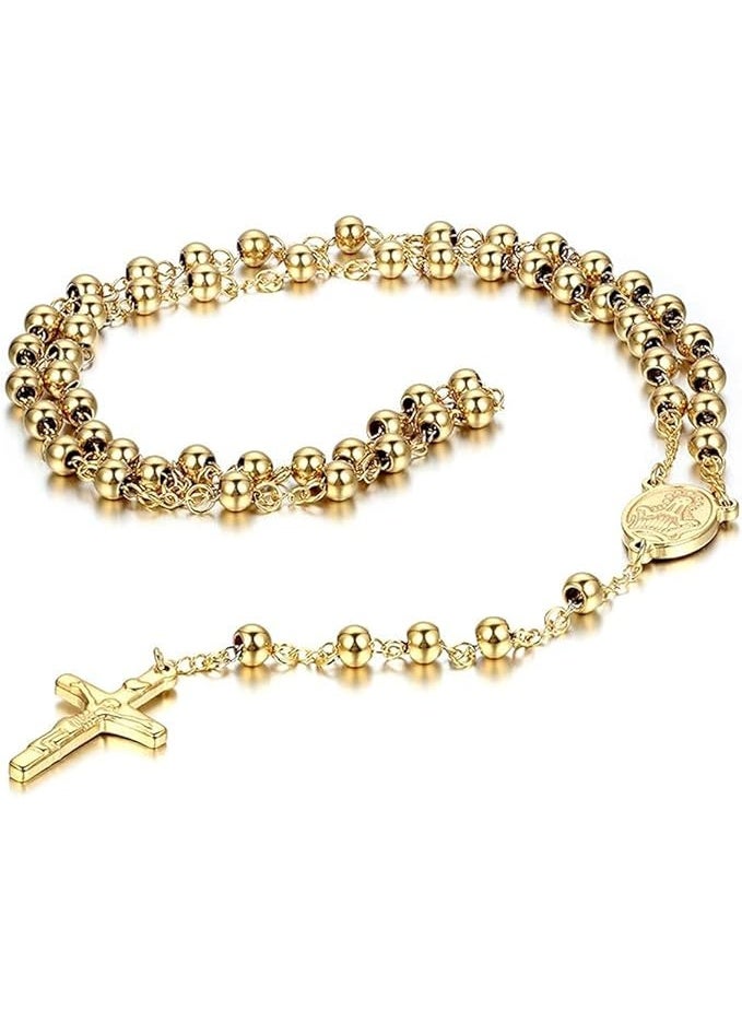 Julia 18K Gold Plated Highly Polished 316L Stainless Steel Beads Gold    Cross Rosary Pendant Necklace - Image 1