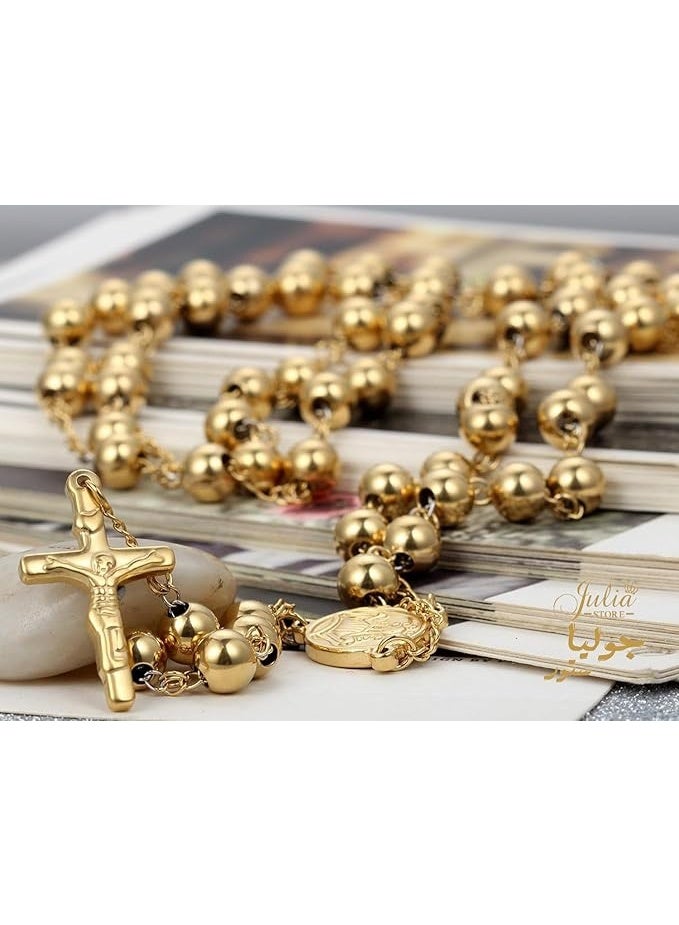 Julia 18K Gold Plated Highly Polished 316L Stainless Steel Beads Gold    Cross Rosary Pendant Necklace - Image 3