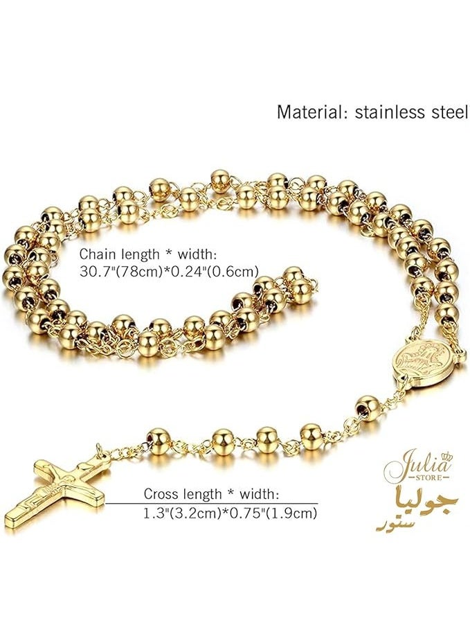 Julia 18K Gold Plated Highly Polished 316L Stainless Steel Beads Gold    Cross Rosary Pendant Necklace - Image 2