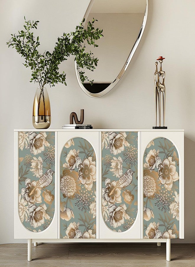 LACHEERY Blue and Gold Vintage Floral Wallpaper Peel and Stick Vintage Flower Bird Wallpaper Stick and Peel Floral Contact Paper for Cabinets and Drawers Bathroom Wall Paper Waterproof Boho 17.5"x80" - Image 4