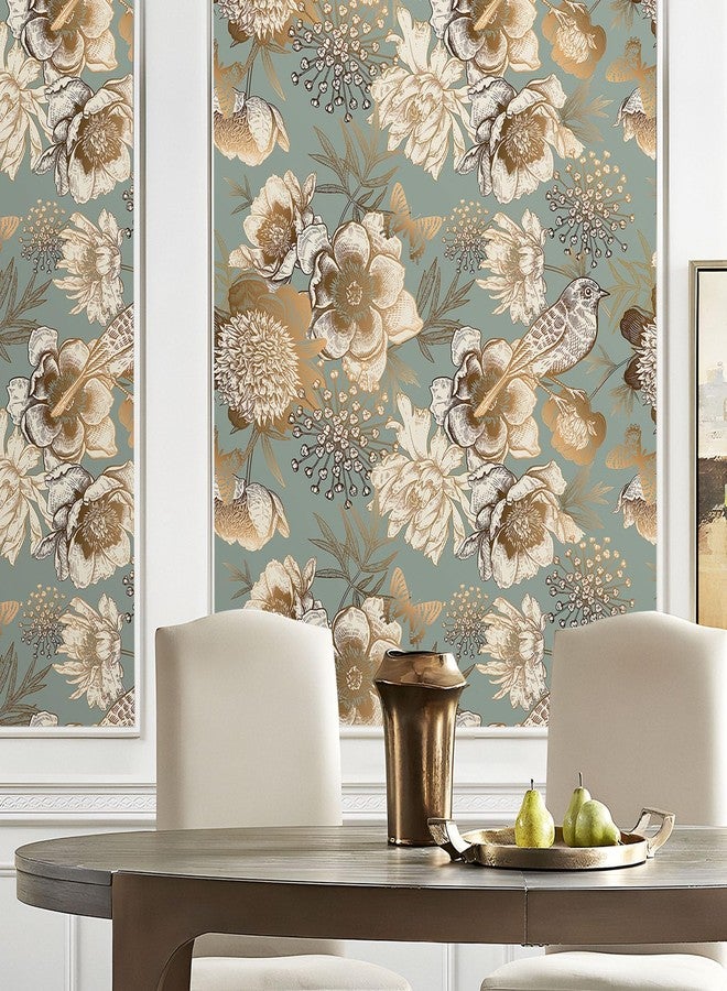 LACHEERY Blue and Gold Vintage Floral Wallpaper Peel and Stick Vintage Flower Bird Wallpaper Stick and Peel Floral Contact Paper for Cabinets and Drawers Bathroom Wall Paper Waterproof Boho 17.5"x80" - Image 2