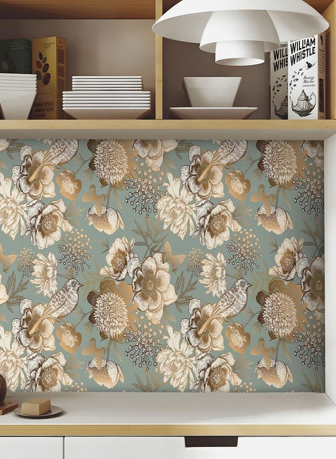 LACHEERY Blue and Gold Vintage Floral Wallpaper Peel and Stick Vintage Flower Bird Wallpaper Stick and Peel Floral Contact Paper for Cabinets and Drawers Bathroom Wall Paper Waterproof Boho 17.5"x80" - Image 5