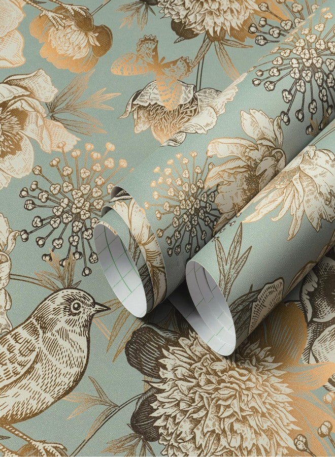 LACHEERY Blue and Gold Vintage Floral Wallpaper Peel and Stick Vintage Flower Bird Wallpaper Stick and Peel Floral Contact Paper for Cabinets and Drawers Bathroom Wall Paper Waterproof Boho 17.5"x80" - Image 1
