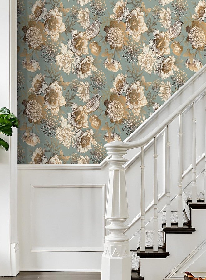 LACHEERY Blue and Gold Vintage Floral Wallpaper Peel and Stick Vintage Flower Bird Wallpaper Stick and Peel Floral Contact Paper for Cabinets and Drawers Bathroom Wall Paper Waterproof Boho 17.5"x80" - Image 3