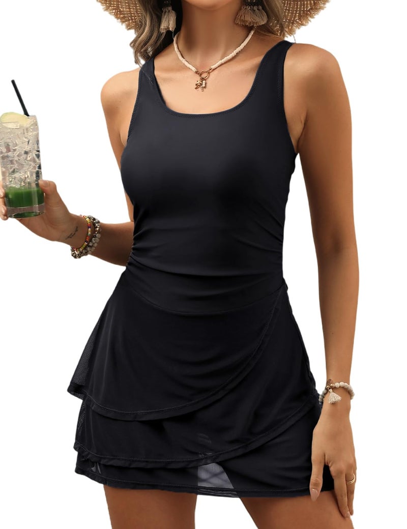 CiCiBird Women One Piece Tummy Control Swimsuit Modest Swim Dress Bathing Suit Skirt Swimwear Black L - Image 1