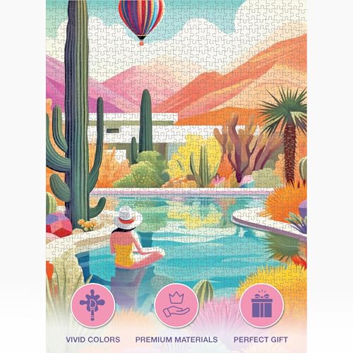 Cross & Glory Jigsaw Puzzles 1000 Pieces - Blossoming Desert: Poolside Paradise - 1000 Piece Landscape Puzzles for Adults | Vibrant Colors | Desert Cactus Succulent | 20x27 Inches | Adult Challenge - Image 3
