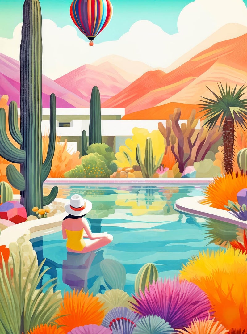 Cross & Glory Jigsaw Puzzles 1000 Pieces - Blossoming Desert: Poolside Paradise - 1000 Piece Landscape Puzzles for Adults | Vibrant Colors | Desert Cactus Succulent | 20x27 Inches | Adult Challenge - Image 1
