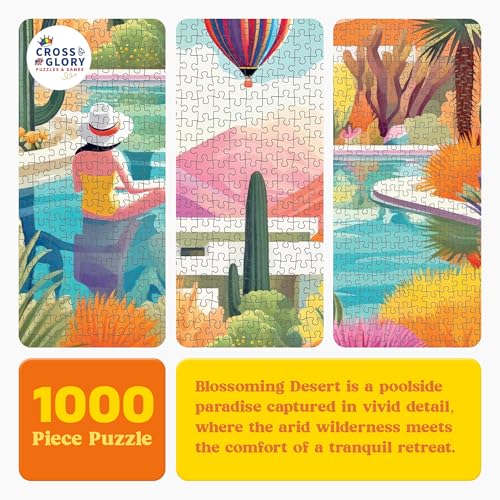 Cross & Glory Jigsaw Puzzles 1000 Pieces - Blossoming Desert: Poolside Paradise - 1000 Piece Landscape Puzzles for Adults | Vibrant Colors | Desert Cactus Succulent | 20x27 Inches | Adult Challenge - Image 2