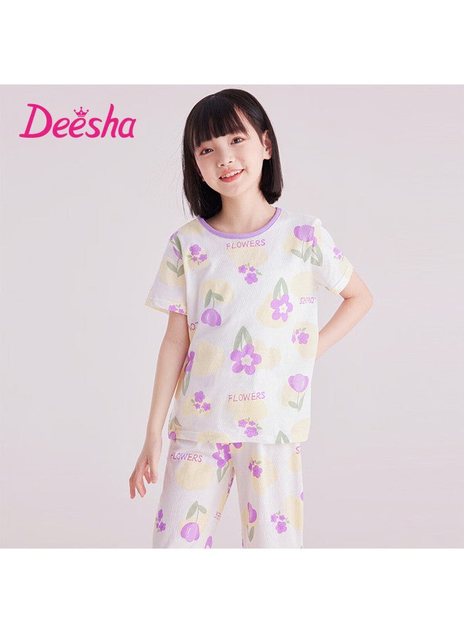 Deesha Girls' Pajamas, Spring And Summer Thin Mesh Breathable Antibacterial Pure Cotton Air Conditioning Wear, Home Wear Set For Older Childre - Image 3