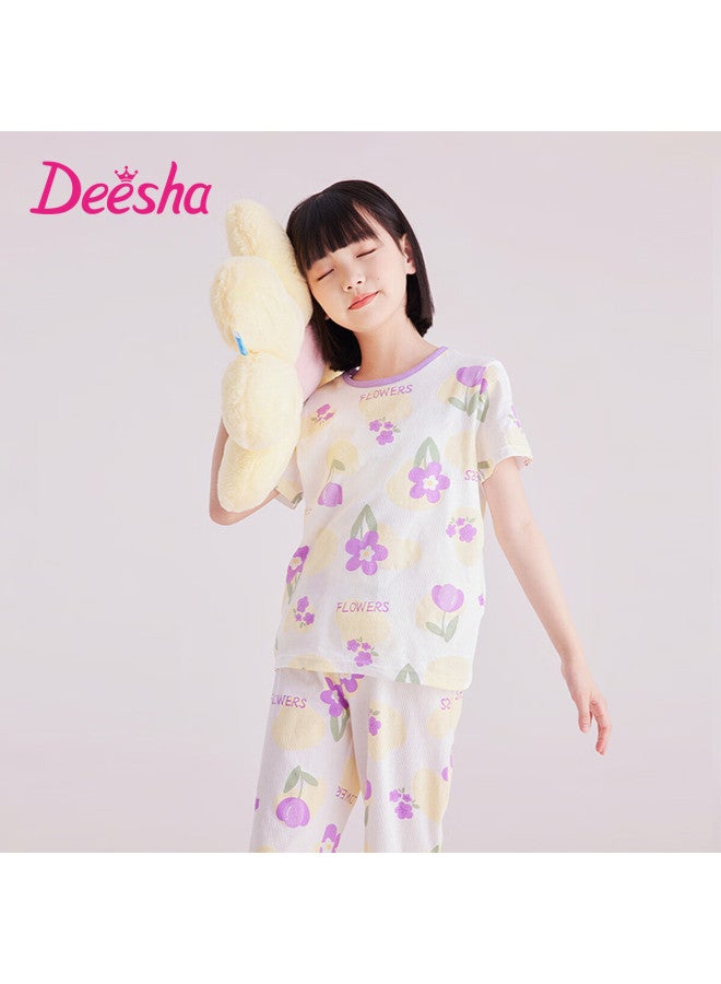 Deesha Girls' Pajamas, Spring And Summer Thin Mesh Breathable Antibacterial Pure Cotton Air Conditioning Wear, Home Wear Set For Older Childre - Image 2
