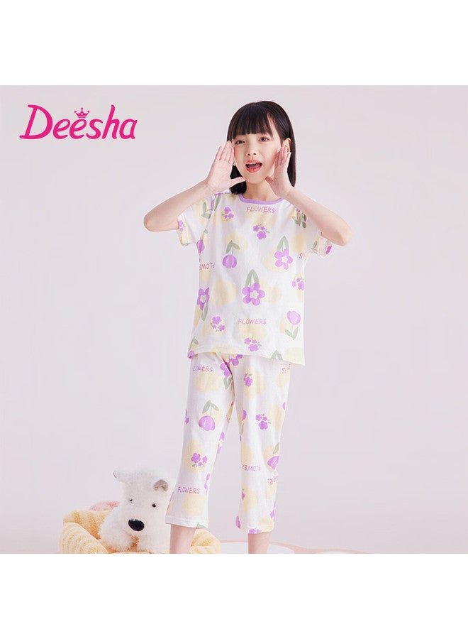 Deesha Girls' Pajamas, Spring And Summer Thin Mesh Breathable Antibacterial Pure Cotton Air Conditioning Wear, Home Wear Set For Older Childre - Image 1