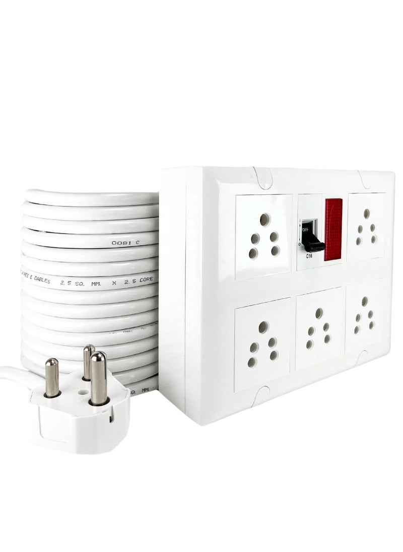 CREXAN Crexan Extension Board 240 Volts 3 Pin 6A1500 Wattage with 16Amp Socket 5nos16Amp MCB with Power Indicator and 16A Big Plug25 Sqmm 3 Core White Copper Wire  - Image 1