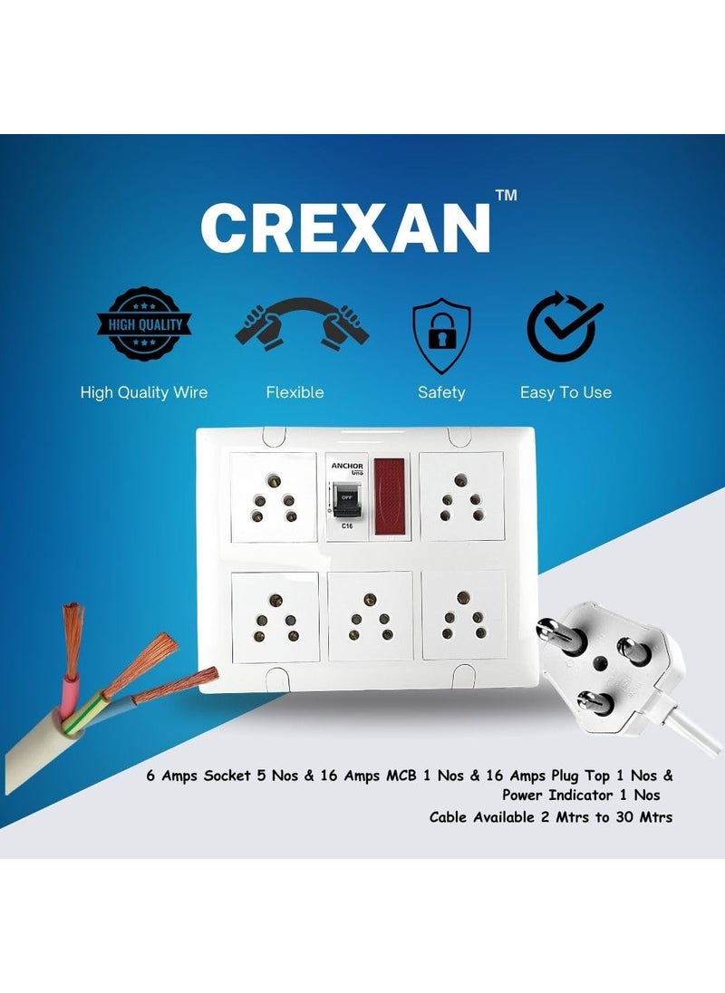CREXAN Crexan Extension Board 240 Volts 3 Pin 6A1500 Wattage with 16Amp Socket 5nos16Amp MCB with Power Indicator and 16A Big Plug25 Sqmm 3 Core White Copper Wire  - Image 2