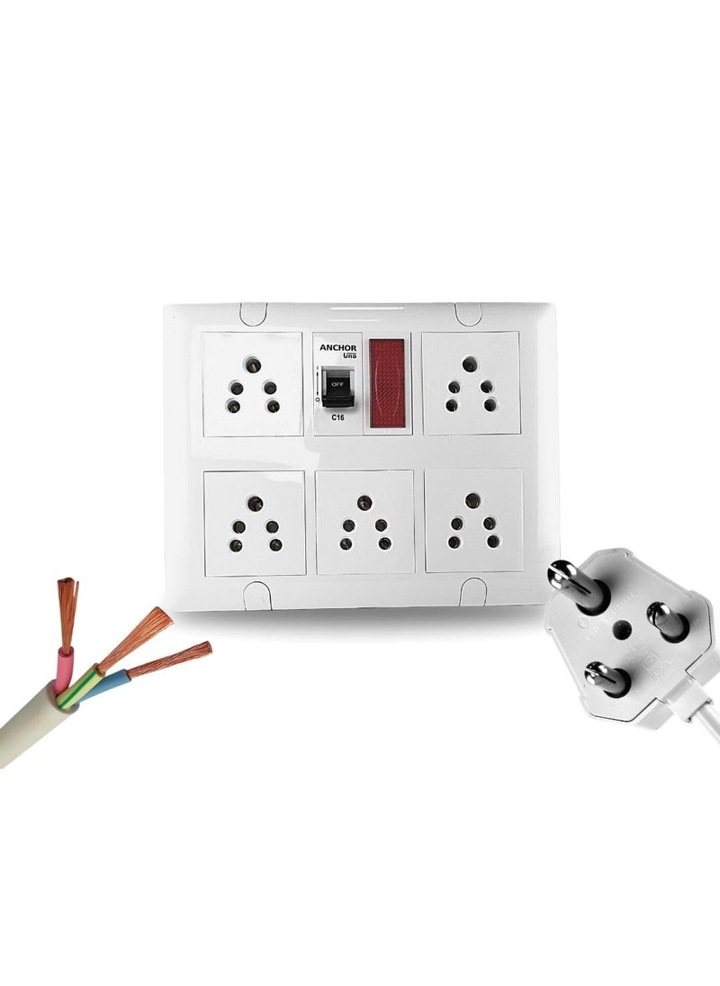 CREXAN Crexan Extension Board 240 Volts 3 Pin 6A1500 Wattage with 16Amp Socket 5nos16Amp MCB with Power Indicator and 16A Big Plug25 Sqmm 3 Core White Copper Wire  - Image 4