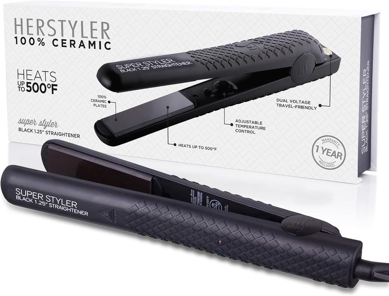 Herstyler Superstyler Onyx Ceramic Flat Iron - Adjustable Temperature Hair Straightener with Dual Voltage for Travel - Image 1