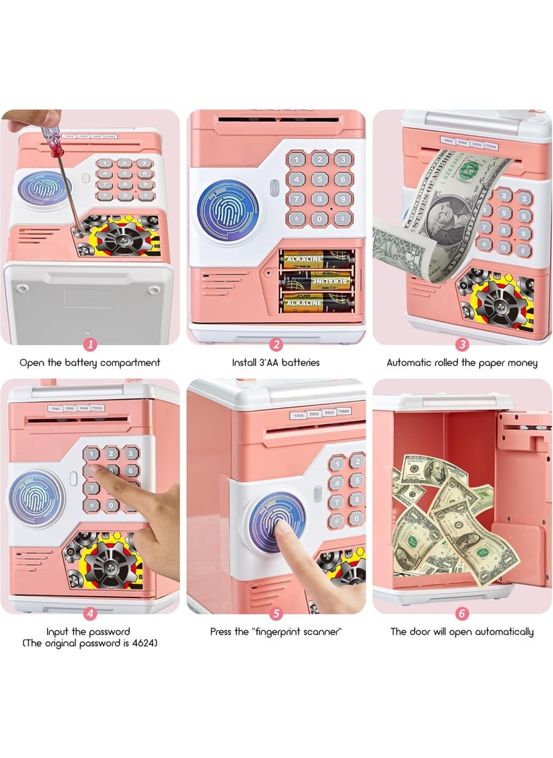 SAFE Piggy Bank Electronic ATM for Kids, Cash & Coin Safe Box with Password Code, Automatic Grab Bill/Door Opening, Fingerprint Unlock Simulation for Children, Best Gifts Toys for Girls (Pink)  - Image 4