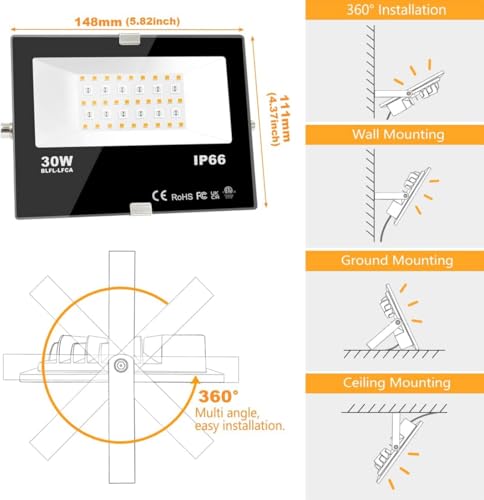 MELPO ضوء الفيضانات LED 30 واط، مكافئ 300 واط 3000 لومن، أضواء المناظر الطبيعية LED الخارجية المتغيرة الألوان، أضواء الفيضانات الذكية RGBW بلوتوث 2700 كيلفن و 16 مليون لون و توقيت و مزامنة موسيقية، IP66، قابس أمريكي 3 (عبوة 2)  - Image 4