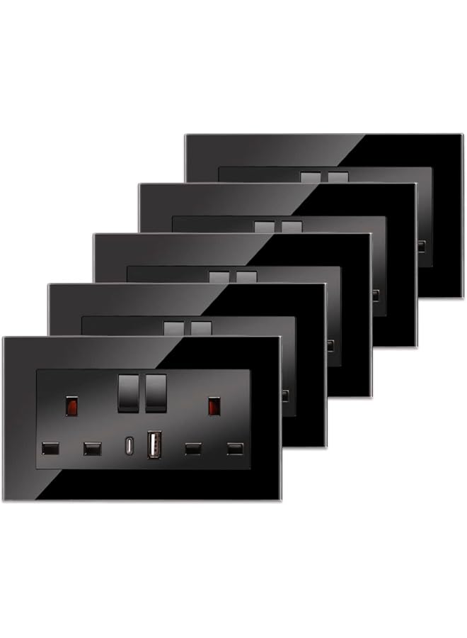 promass 5 Pack Glass Double Switched Socket with USB-A and Type-C Charging Ports (Output 2.1A), Black Crystal Glass Panel Wall Outlet, 2 Gang 13 Amp Electric Power Socket - Image 1