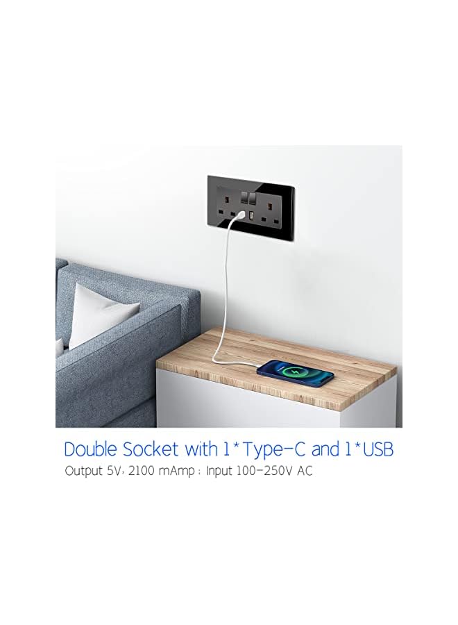 promass 5 Pack Glass Double Switched Socket with USB-A and Type-C Charging Ports (Output 2.1A), Black Crystal Glass Panel Wall Outlet, 2 Gang 13 Amp Electric Power Socket - Image 2