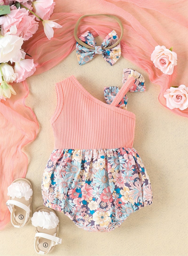 Baby Girl Summer Floral One-Shoulder Romper with Bow Headband – Soft Cotton Newborn Outfit, Machine Washable, Outdoor Baby Clothes – 0-3M - Image 1