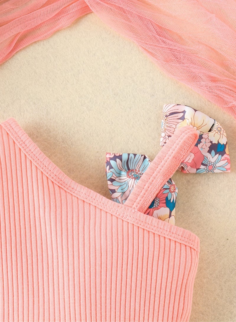 Baby Girl Summer Floral One-Shoulder Romper with Bow Headband – Soft Cotton Newborn Outfit, Machine Washable, Outdoor Baby Clothes – 0-3M - Image 2