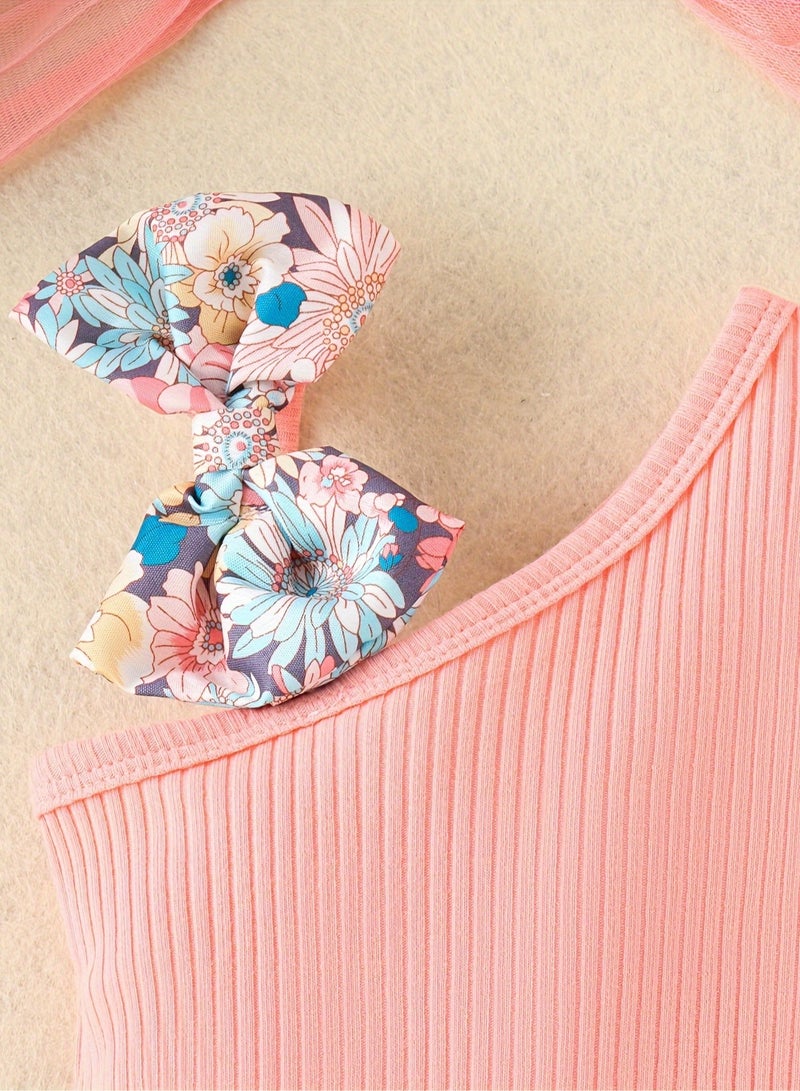 Baby Girl Summer Floral One-Shoulder Romper with Bow Headband – Soft Cotton Newborn Outfit, Machine Washable, Outdoor Baby Clothes – 0-3M - Image 4