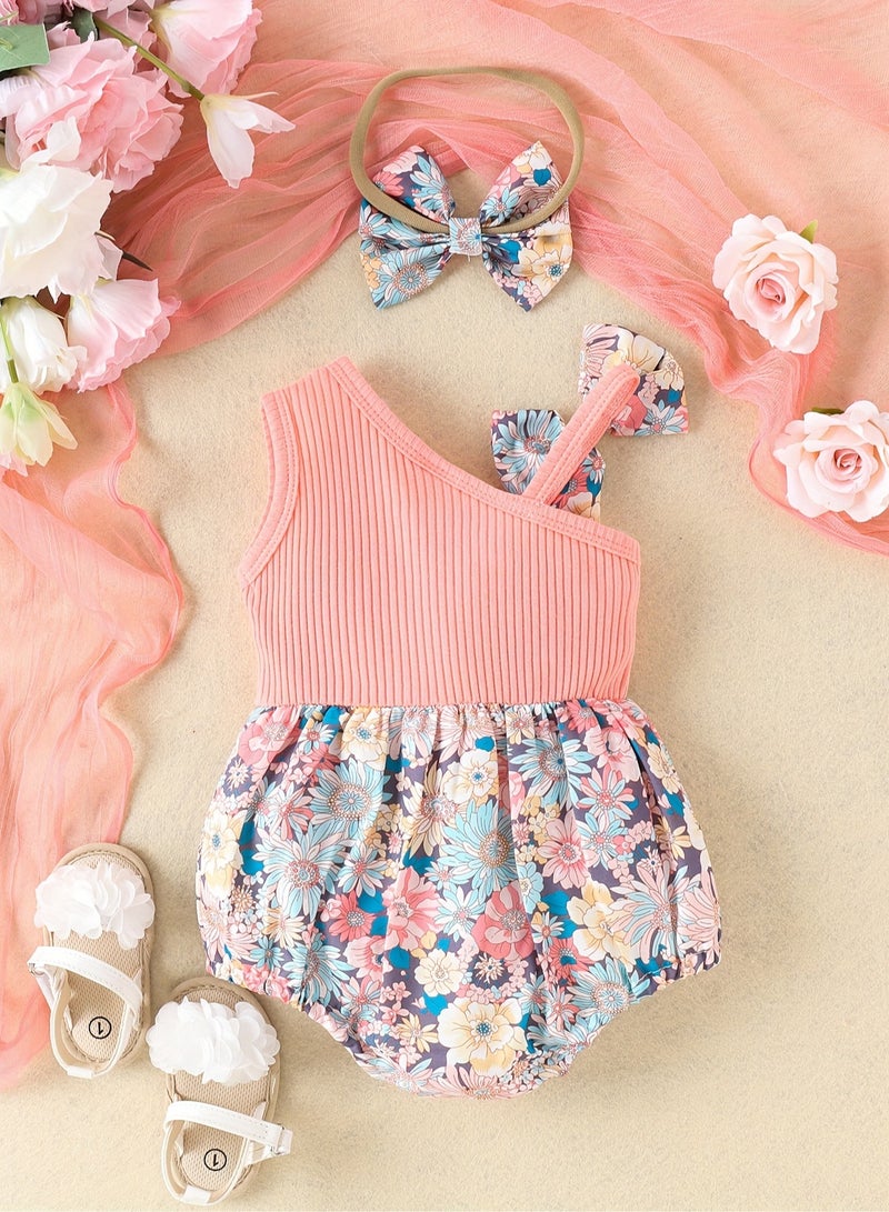 Baby Girl Summer Floral One-Shoulder Romper with Bow Headband – Soft Cotton Newborn Outfit, Machine Washable, Outdoor Baby Clothes – 0-3M - Image 5