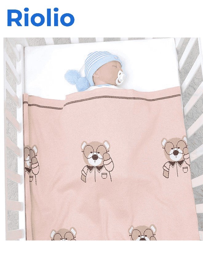 Riolio Baby Blanket Bear Baby Blanket – Soft Knitted, 100% Cotton, Swaddle, Stroller Cover, Crib Blanket, Play Mat, Nursery Bedding, 100*80cm Inches (Pink)  - Image 2