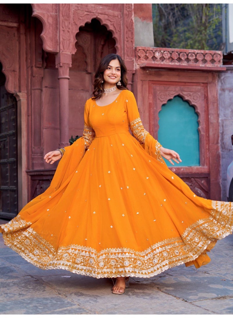 Super Asian Elegant Faux Georgette Gown Set with Pant & Embroidered Dupatta – Thread & Sequin Work - Image 1