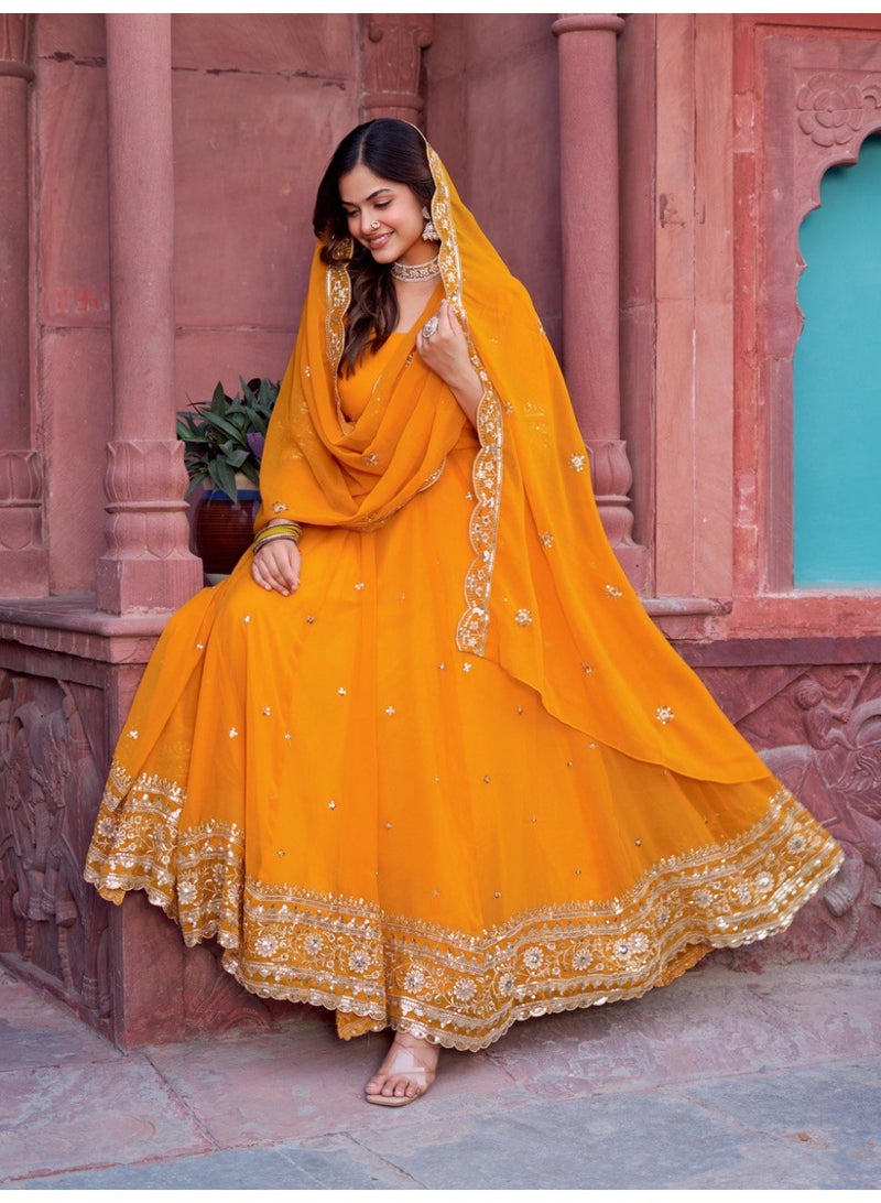 Super Asian Elegant Faux Georgette Gown Set with Pant & Embroidered Dupatta – Thread & Sequin Work - Image 5