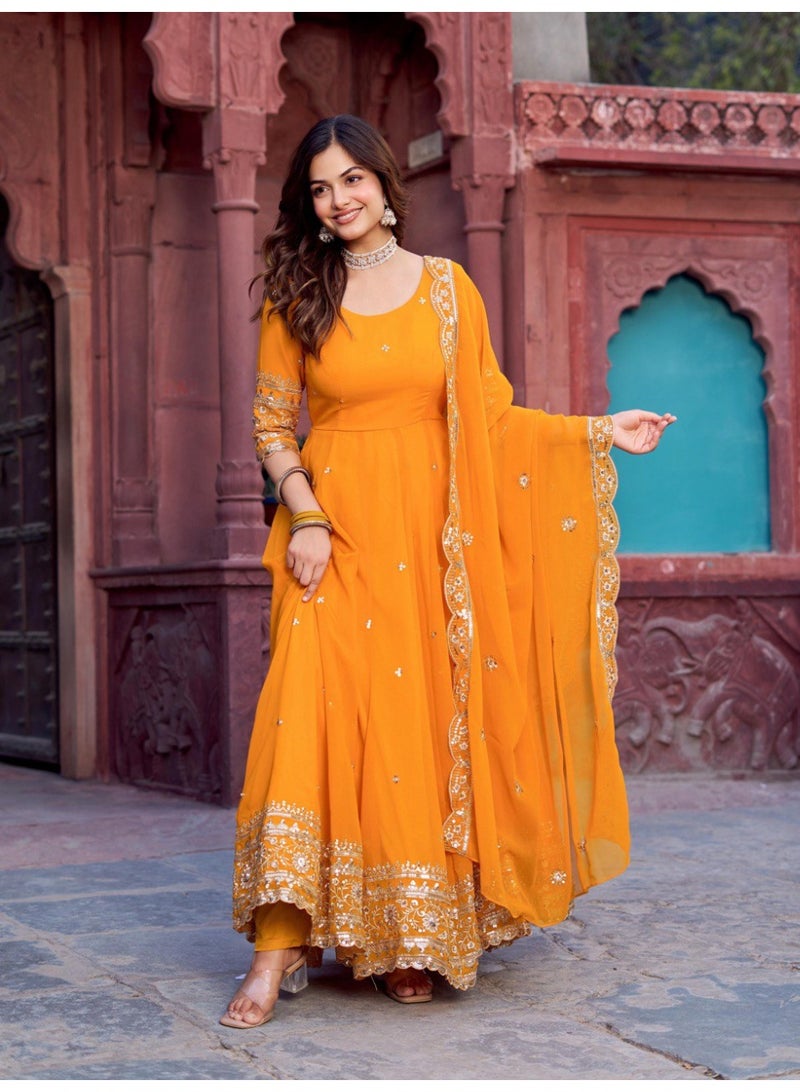 Super Asian Elegant Faux Georgette Gown Set with Pant & Embroidered Dupatta – Thread & Sequin Work - Image 2