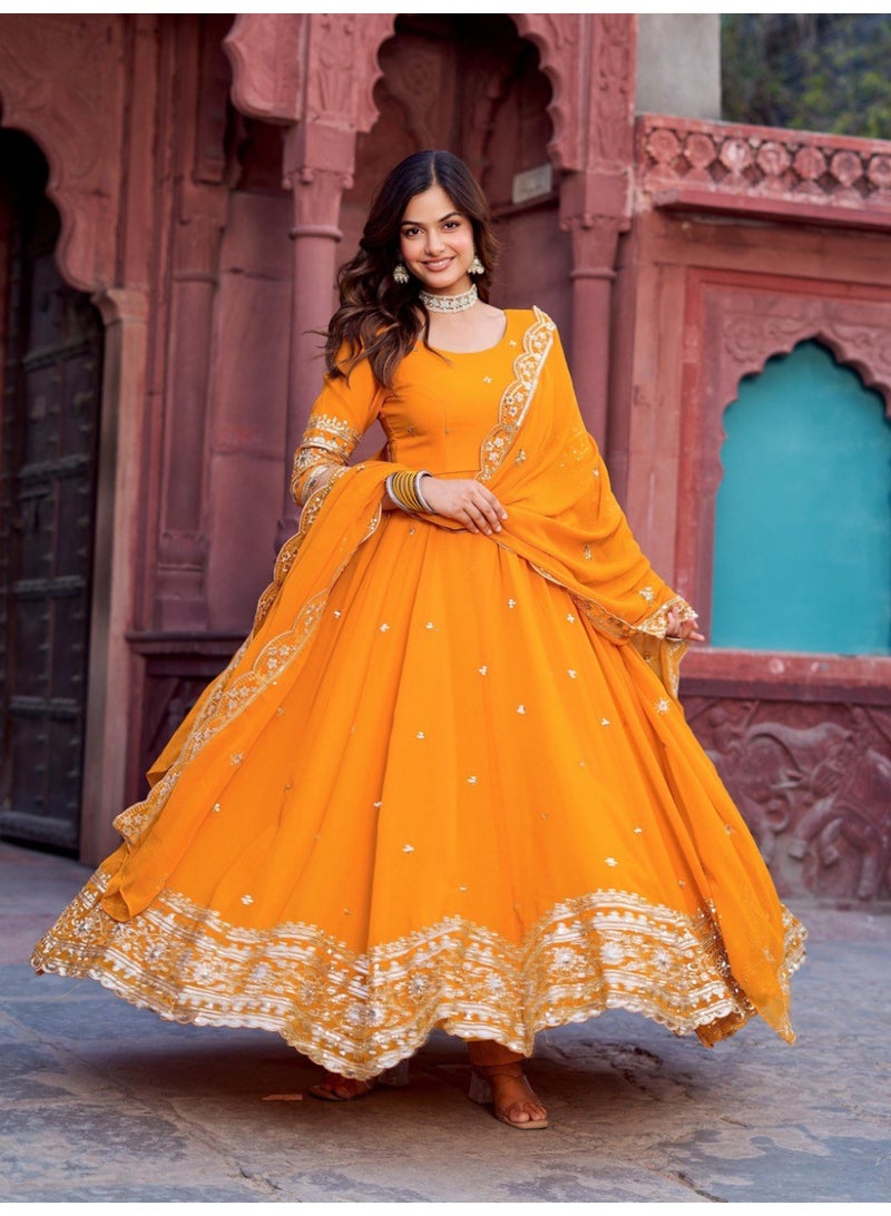 Super Asian Elegant Faux Georgette Gown Set with Pant & Embroidered Dupatta – Thread & Sequin Work - Image 4