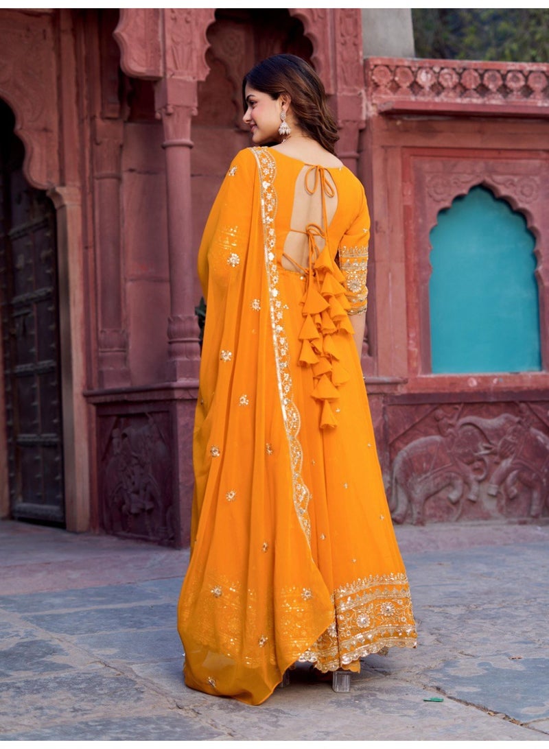 Super Asian Elegant Faux Georgette Gown Set with Pant & Embroidered Dupatta – Thread & Sequin Work - Image 3