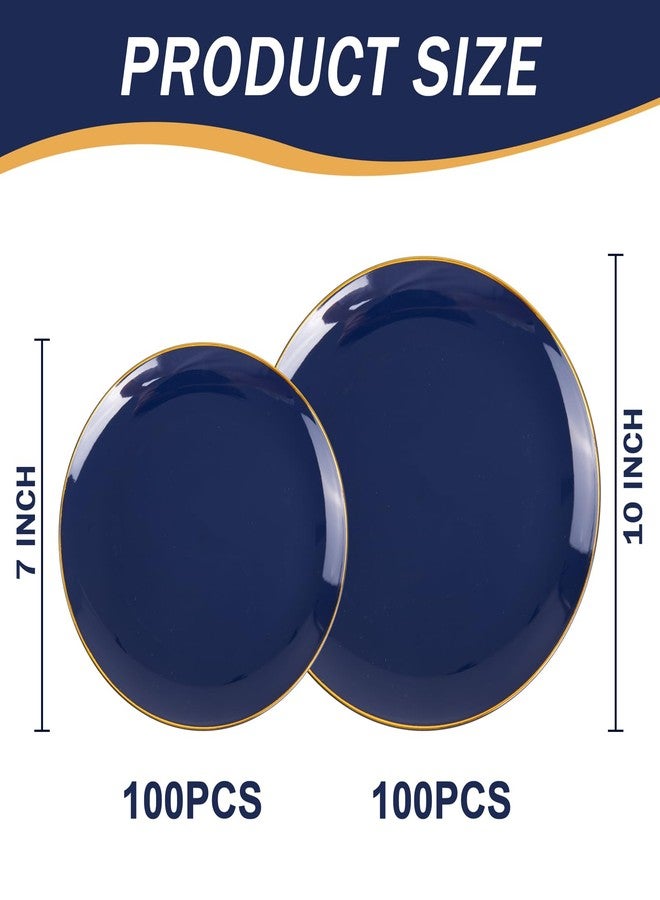PULOTE 200 Pieces Blue Plastic Plates - Navy Blue and Gold Disposable - Include 100PCS 10 inch Dinner & 100PCS 7 inch Dessert Plate for Party & Labor Day - Image 2